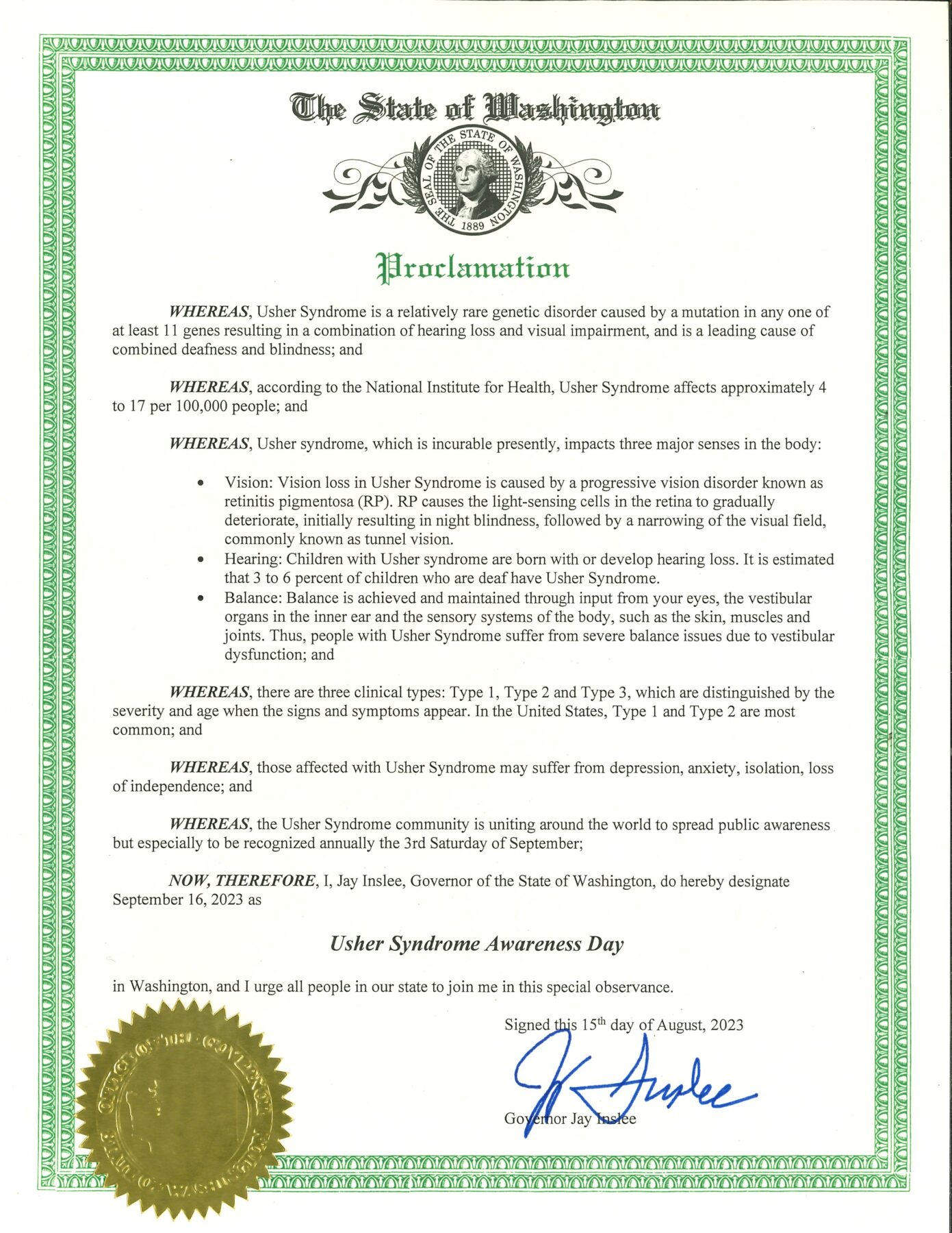IMAGE. Certificate of Governor Inslee's Proclamation of Usher Awareness Day